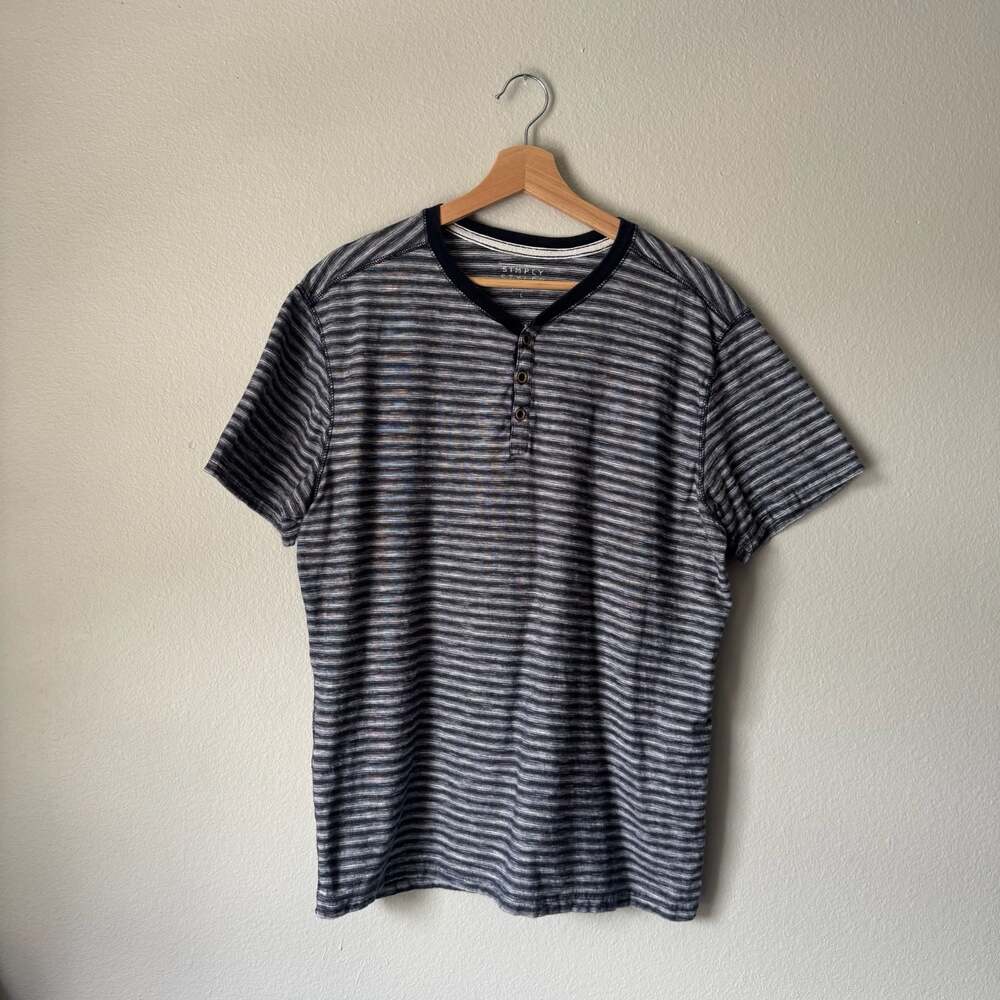 Simply Styled Striped Henley Shirt Mens Large Blue Gray Short Sleeve